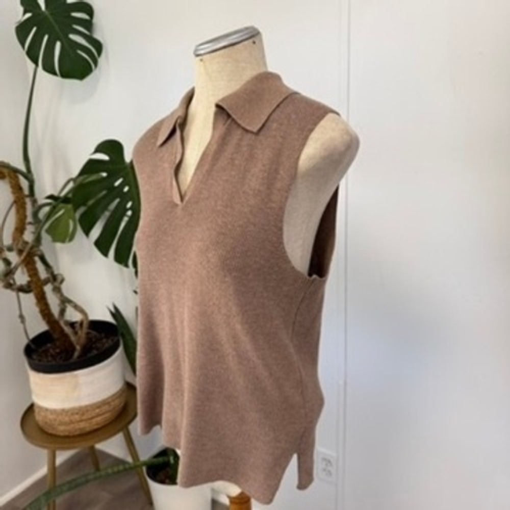 Joie Polo Sweater Vest Womens Medium Brown‎ Sleeveless Ribbed V-Neck Knit Top - Picture 2 of 9